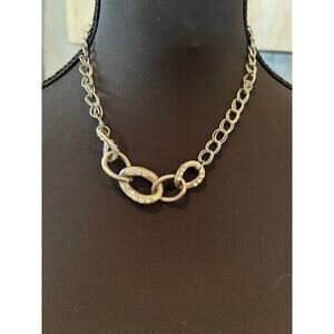Chunky Silver Tone Chain Link Statement Necklace with Crystal Accents